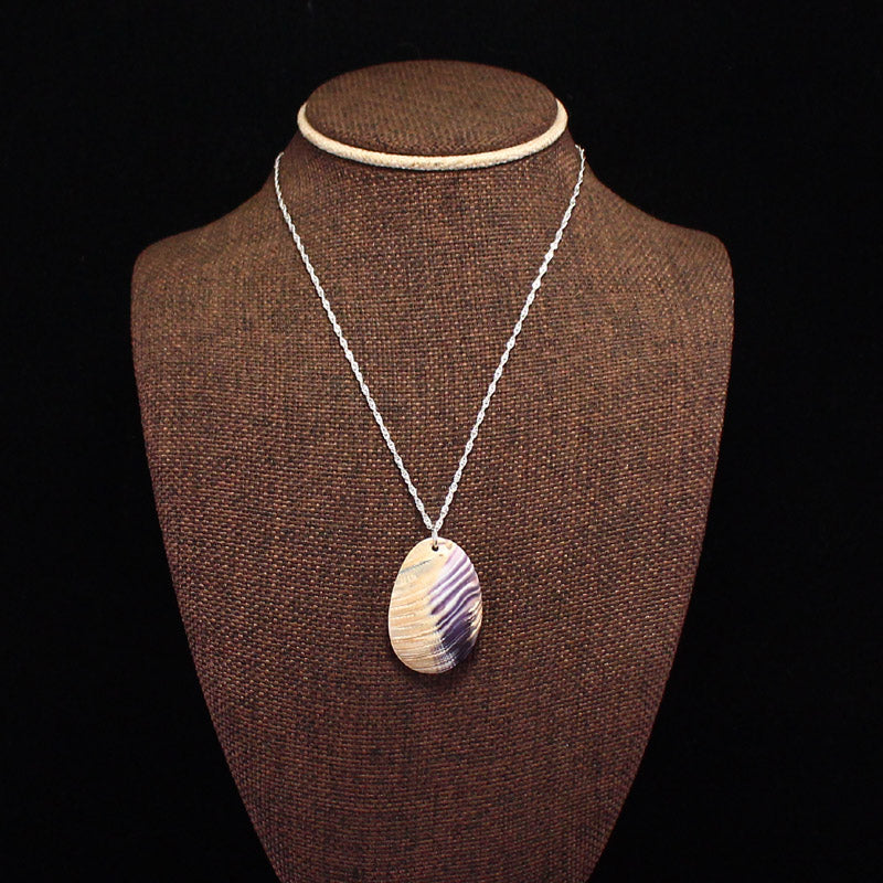 Handmade 925 Sterling Silver Rhodium Coated Natural Wampum Shell Pendant w Necklace