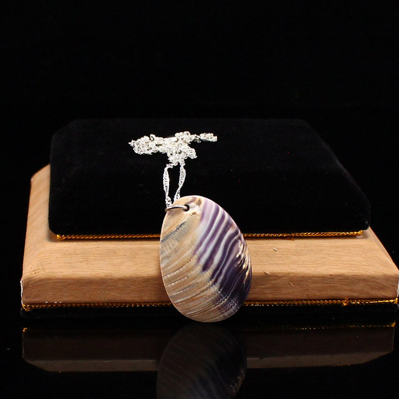 Handmade 925 Sterling Silver Rhodium Coated Natural Wampum Shell Pendant w Necklace