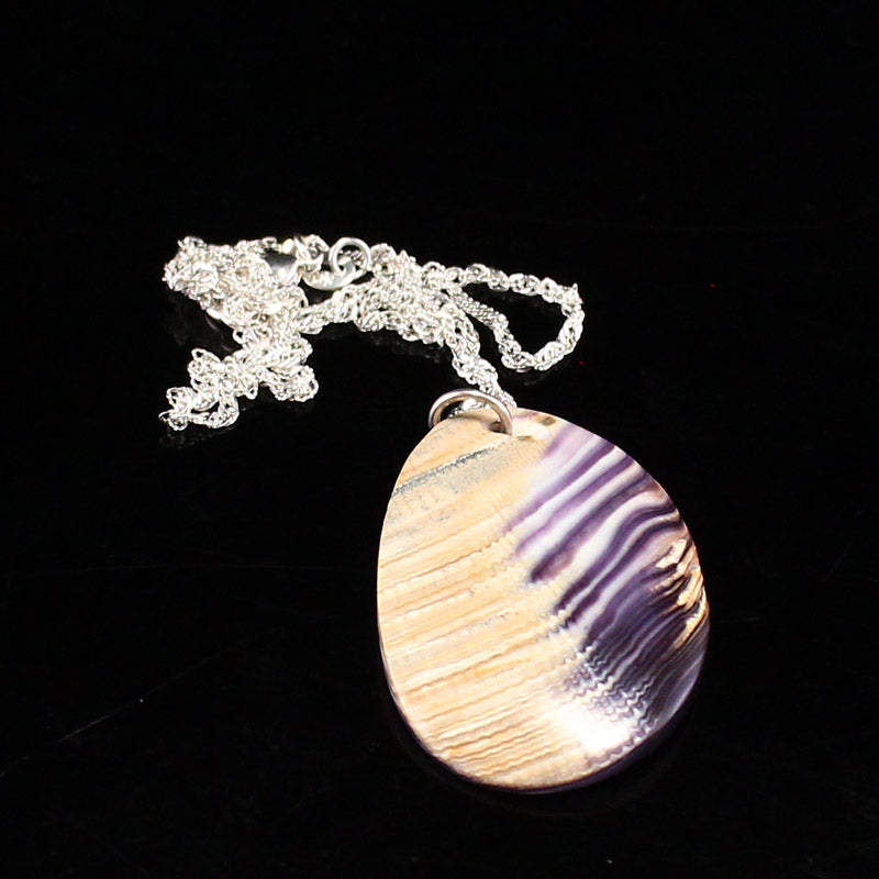 Handmade 925 Sterling Silver Rhodium Coated Natural Wampum Shell Pendant w Necklace