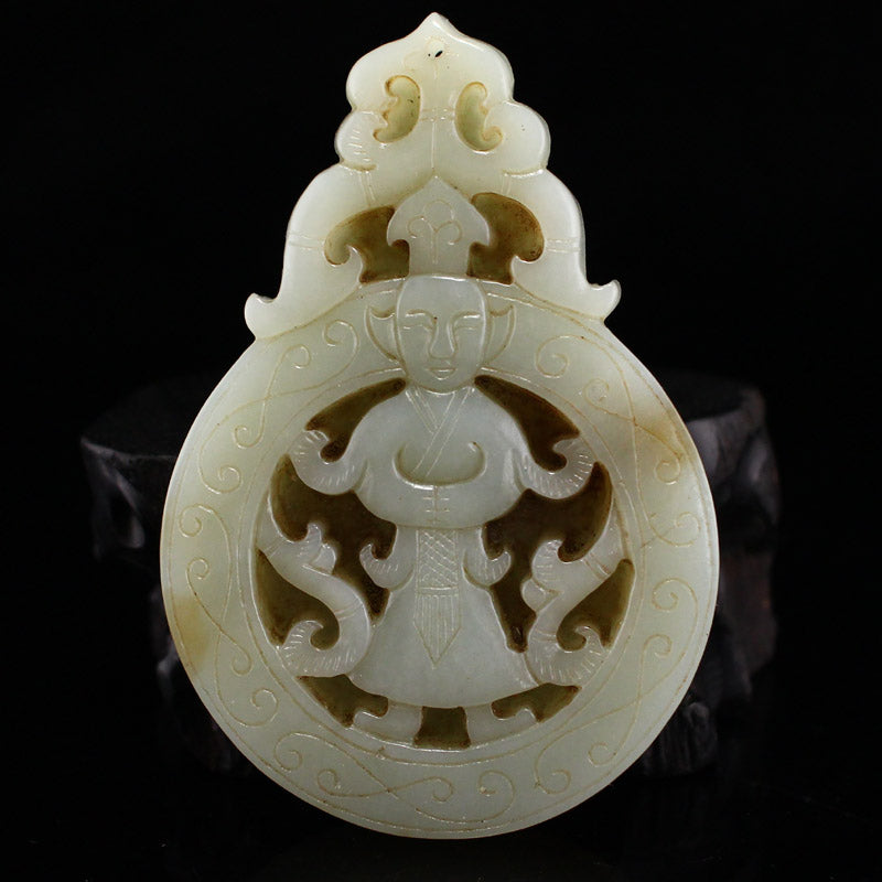 Vintage Chinese Hetian Jade Carved Figure Pendant