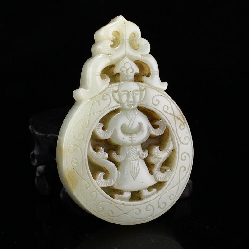 Vintage Chinese Hetian Jade Carved Figure Pendant