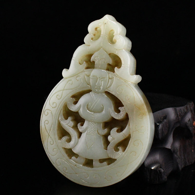 Vintage Chinese Hetian Jade Carved Figure Pendant