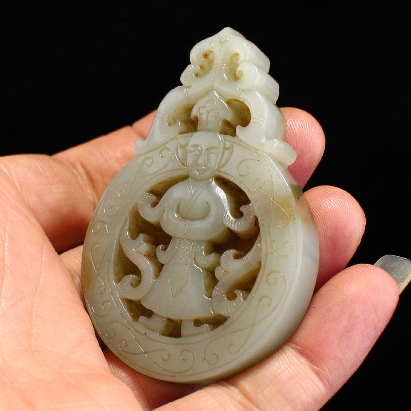 Vintage Chinese Hetian Jade Carved Figure Pendant