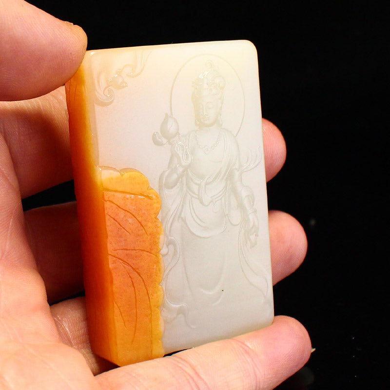 Chinese Natural Hetian Jade Carved Kwan-yin Pendant