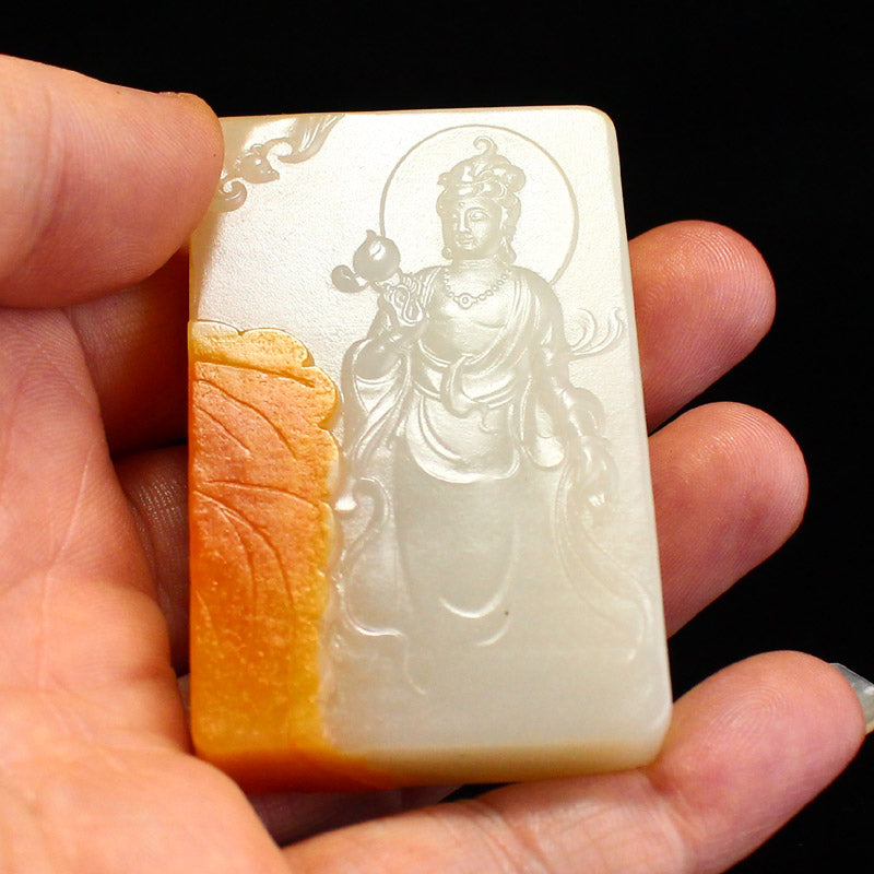 Chinese Natural Hetian Jade Carved Kwan-yin Pendant