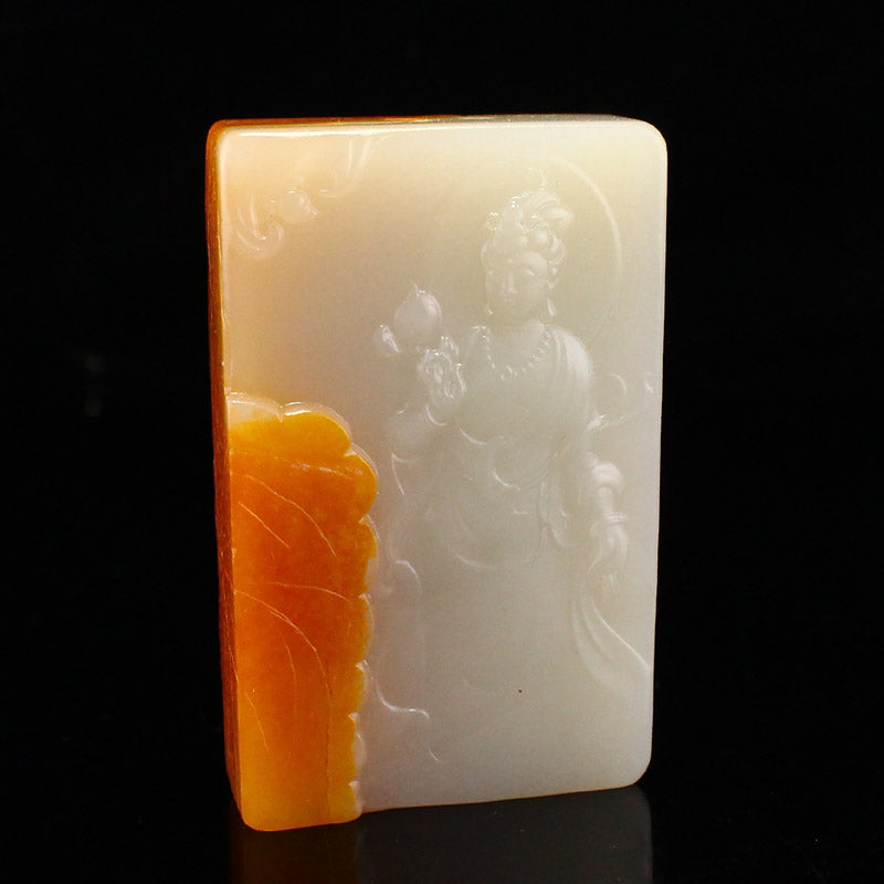 Chinese Natural Hetian Jade Carved Kwan-yin Pendant