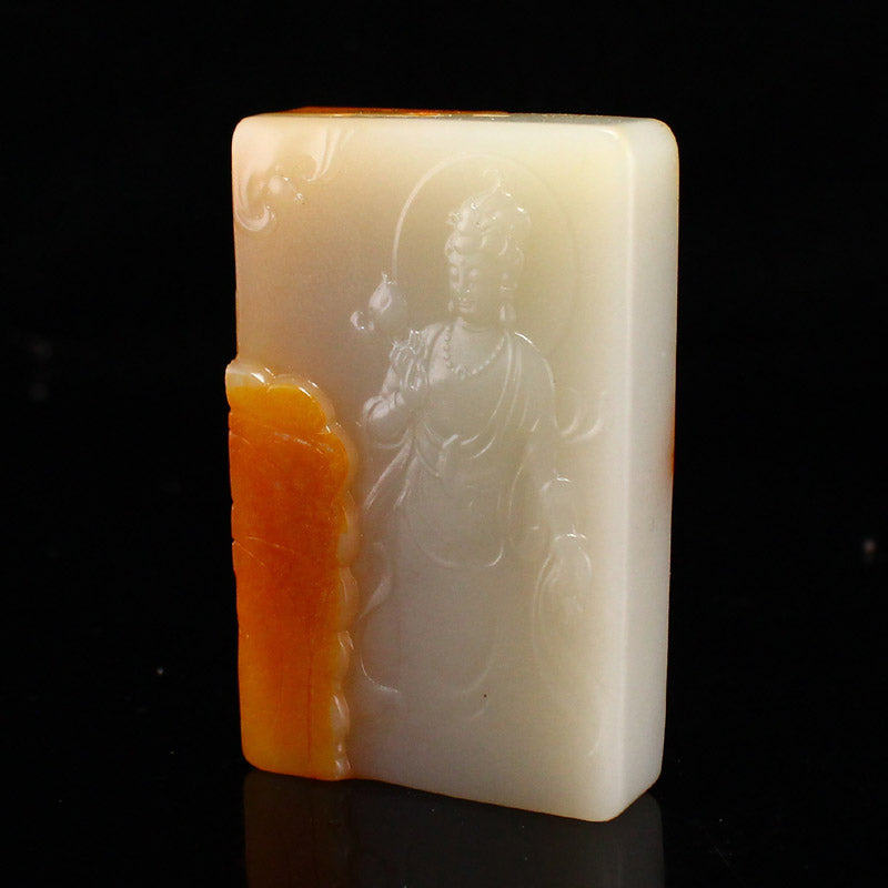 Chinese Natural Hetian Jade Carved Kwan-yin Pendant