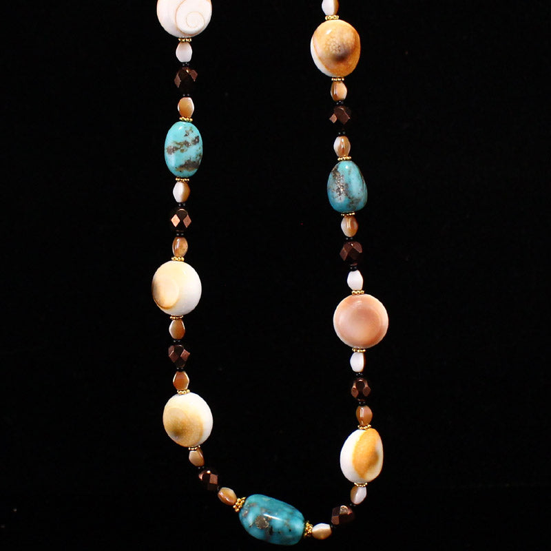 Genuine Kingman's Mine Turquoise & Shiva's Eye Shell Conch Necklace w 24K gilt-gold Clasp