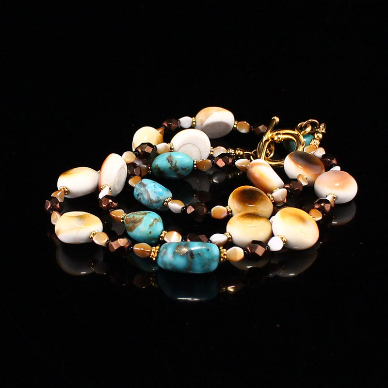 Genuine Kingman's Mine Turquoise & Shiva's Eye Shell Conch Necklace w 24K gilt-gold Clasp