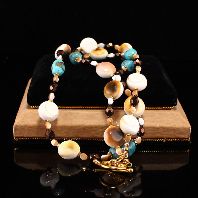 Genuine Kingman's Mine Turquoise & Shiva's Eye Shell Conch Necklace w 24K gilt-gold Clasp