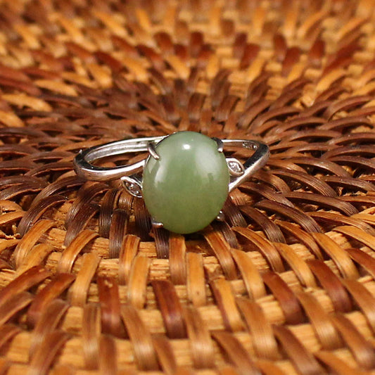 Silver Inlay Green Hetian Jade Ring