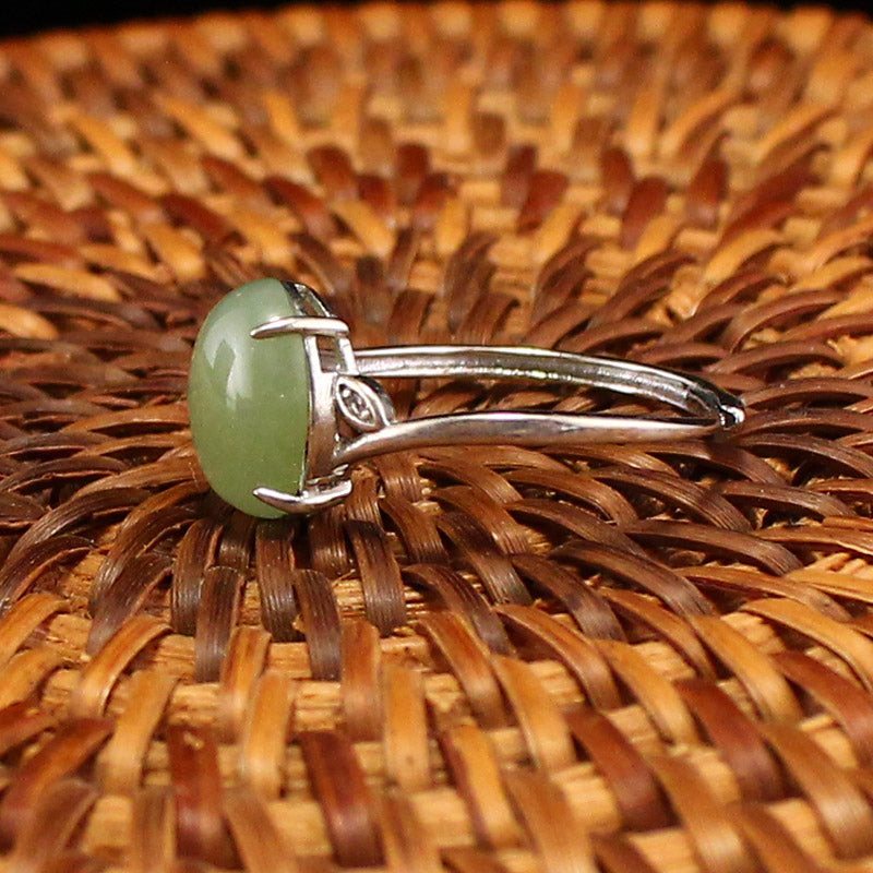 Silver Inlay Green Hetian Jade Ring