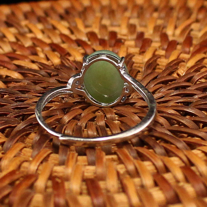 Silver Inlay Green Hetian Jade Ring