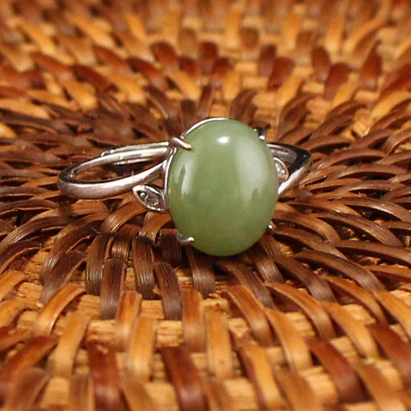 Silver Inlay Green Hetian Jade Ring