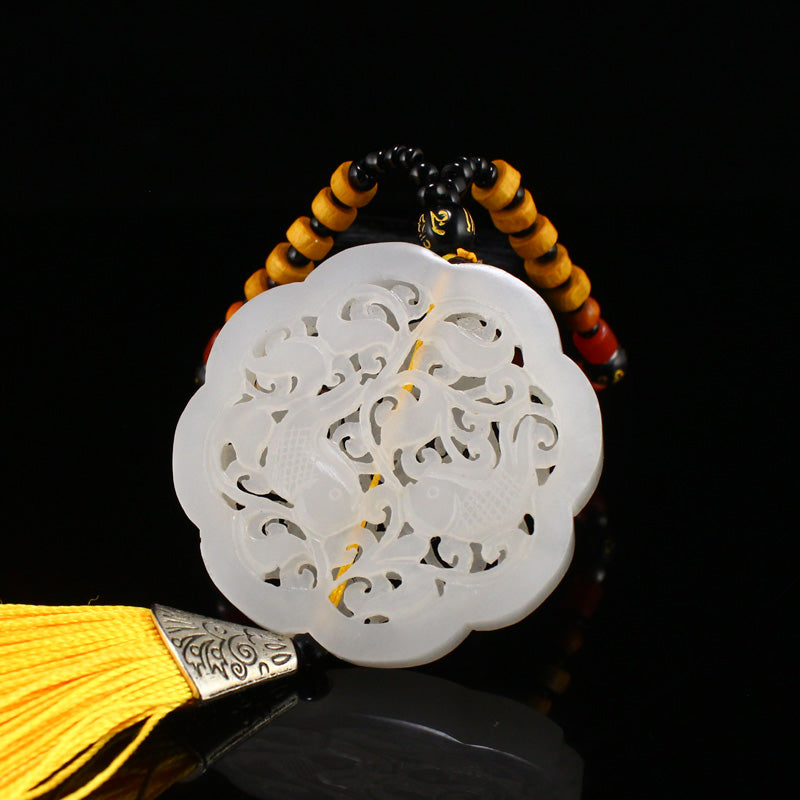 Openwork Chinese White Hetian Jade Double Fish Pendant w Certificate