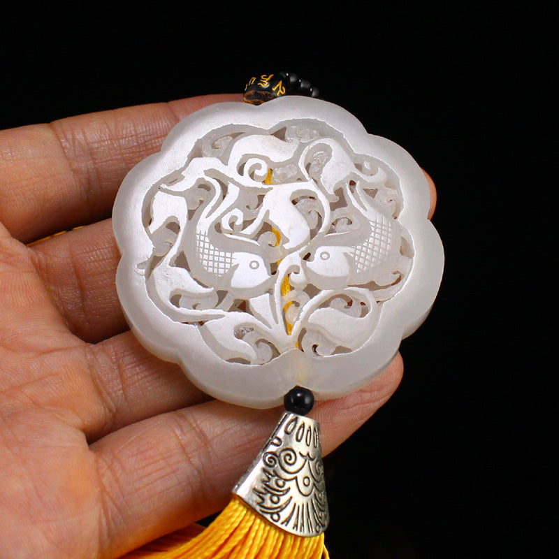 Openwork Chinese White Hetian Jade Double Fish Pendant w Certificate