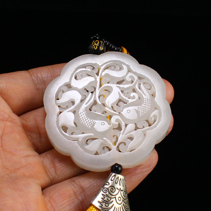 Openwork Chinese White Hetian Jade Double Fish Pendant w Certificate