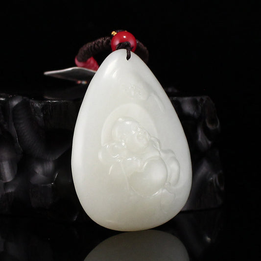 Chinese Natural Hetian Jade Laughing Buddha & Bat Pendant