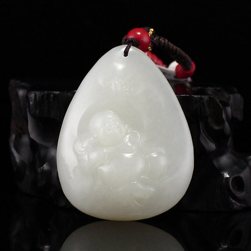 Chinese Natural Hetian Jade Laughing Buddha & Bat Pendant