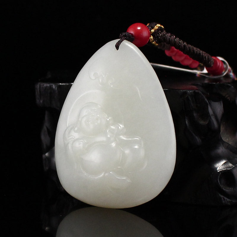 Chinese Natural Hetian Jade Laughing Buddha & Bat Pendant