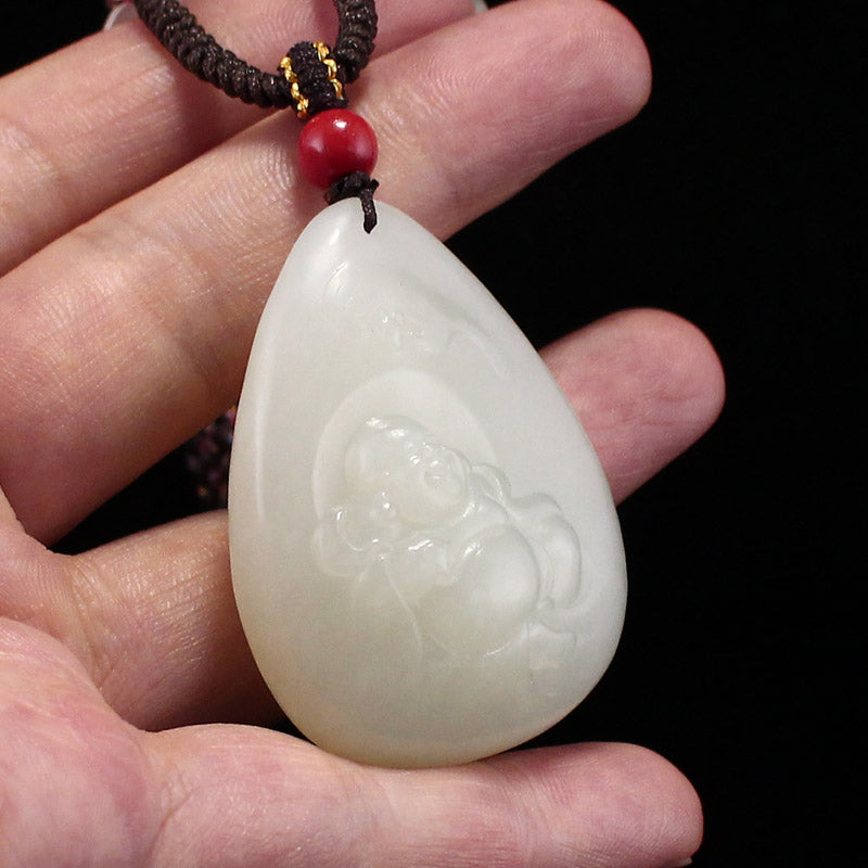 Chinese Natural Hetian Jade Laughing Buddha & Bat Pendant