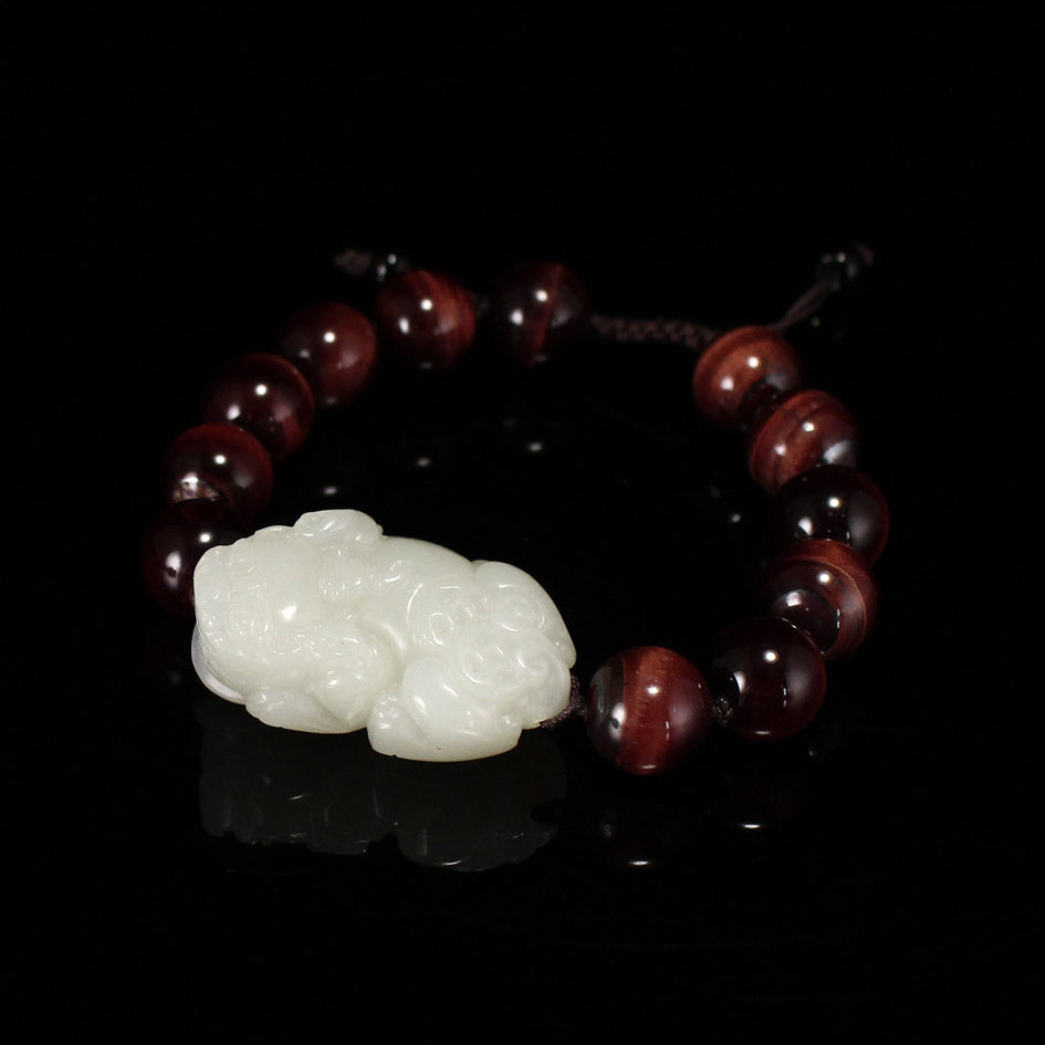 Chinese Hetian Jade Carved Fortune Pixiu Pendant w Beads Bracelet