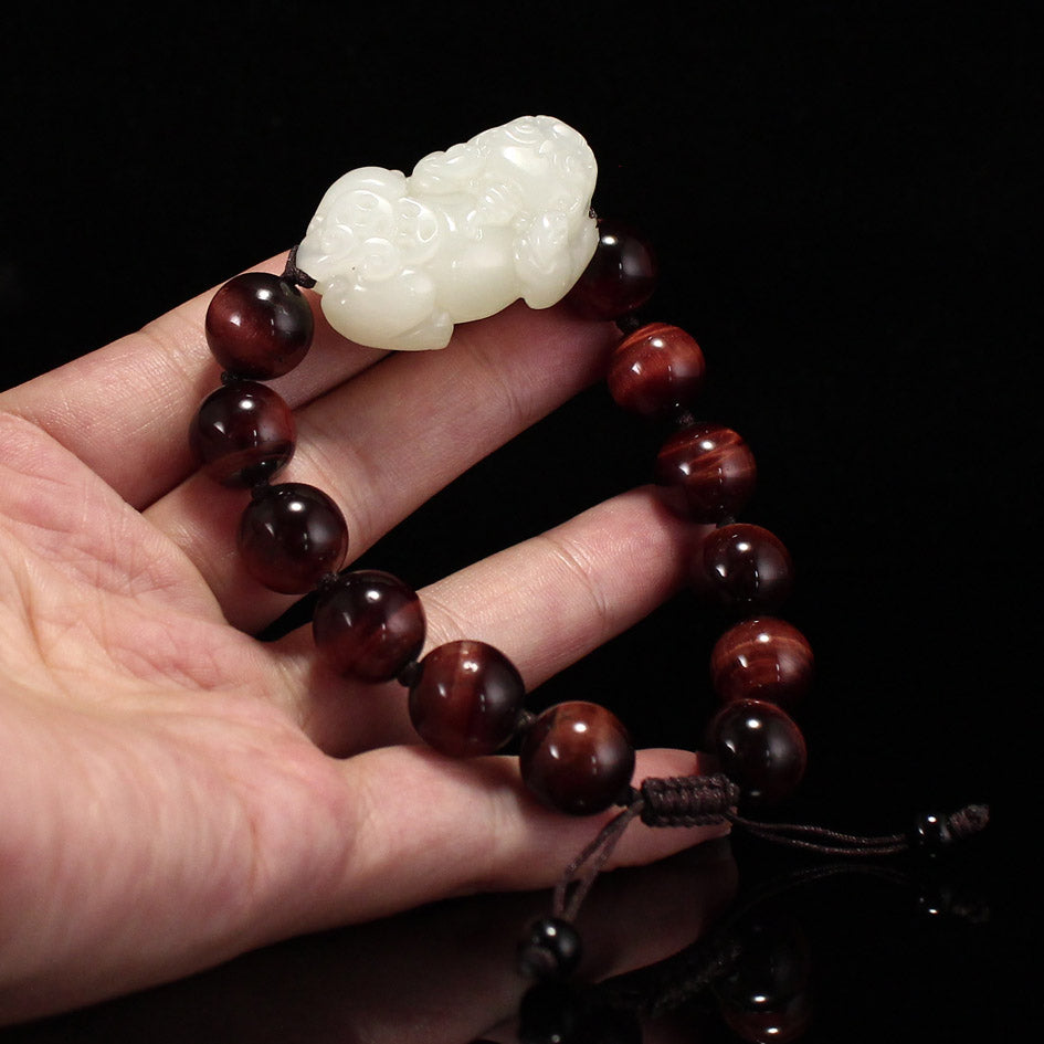 Chinese Hetian Jade Carved Fortune Pixiu Pendant w Beads Bracelet