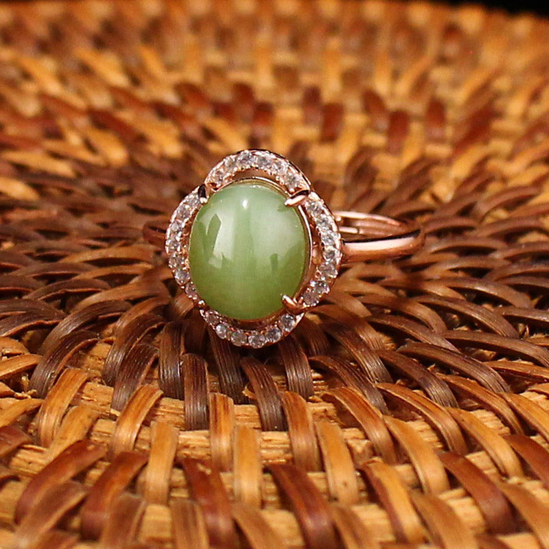 Beautiful Silver Inlay Natural Green Hetian Jade Ring