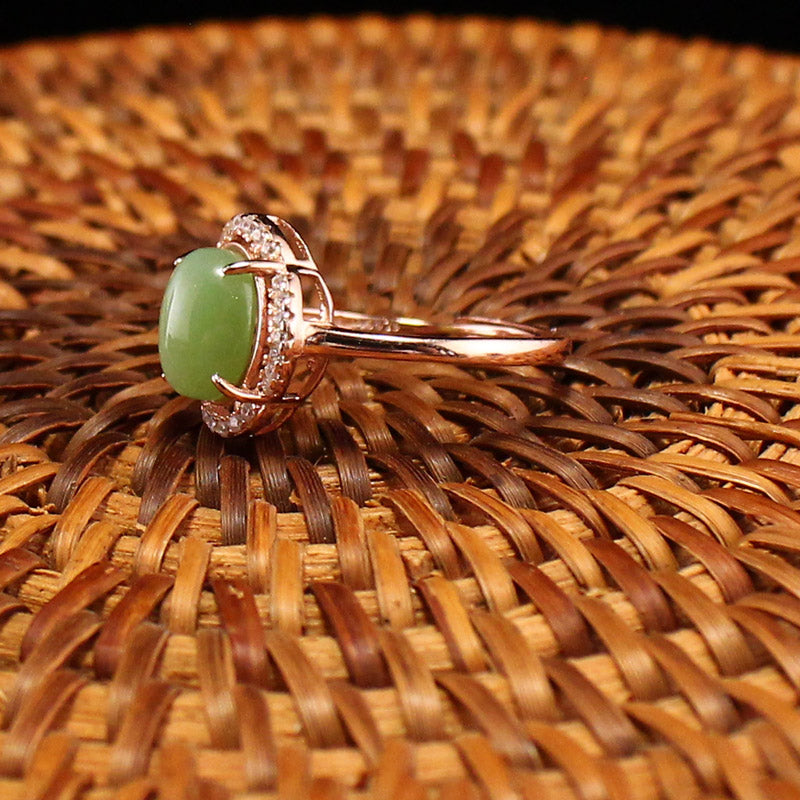 Beautiful Silver Inlay Natural Green Hetian Jade Ring