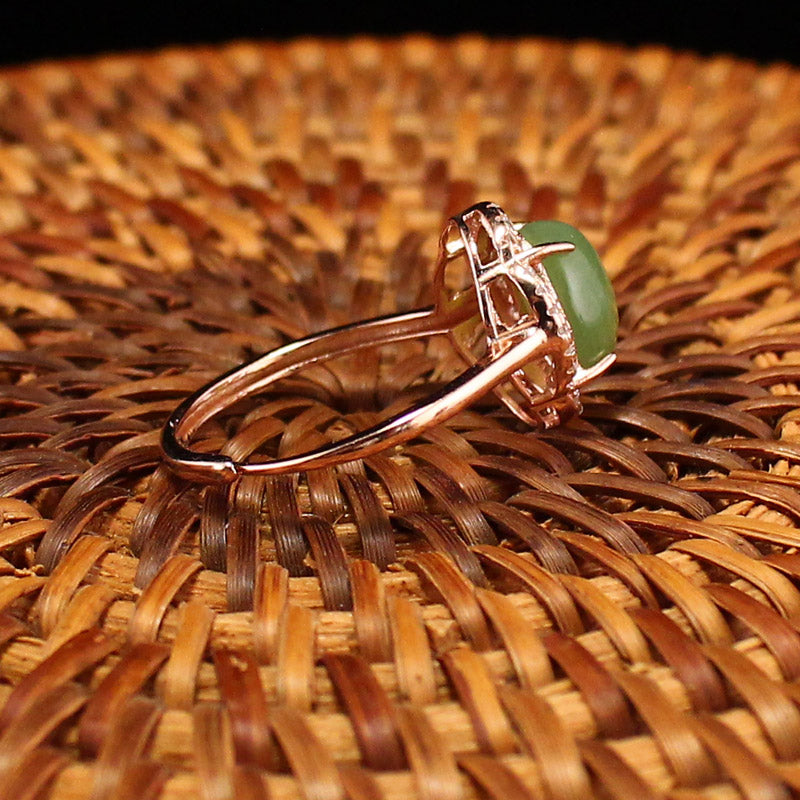 Beautiful Silver Inlay Natural Green Hetian Jade Ring