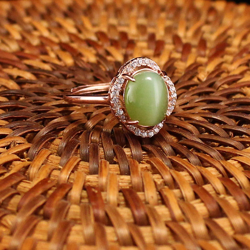 Beautiful Silver Inlay Natural Green Hetian Jade Ring