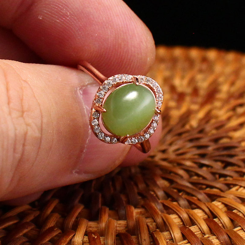 Beautiful Silver Inlay Natural Green Hetian Jade Ring