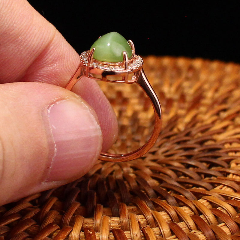 Beautiful Silver Inlay Natural Green Hetian Jade Ring