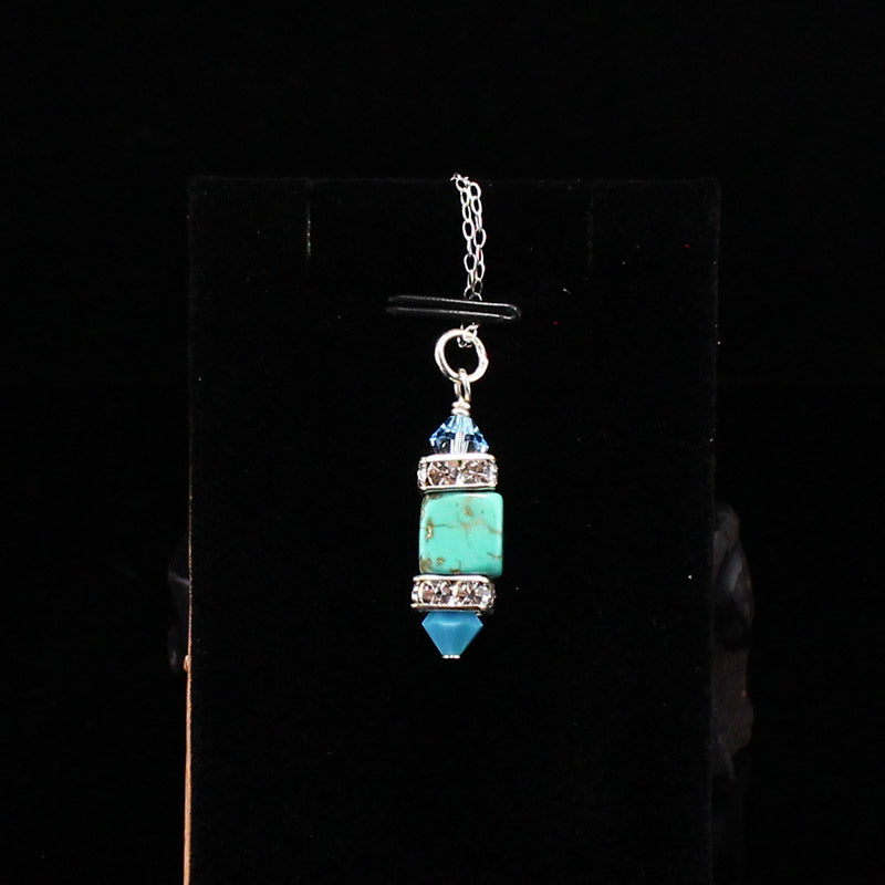 925 Sterling Silver Turquoise & Chrystal Pendant w Necklace