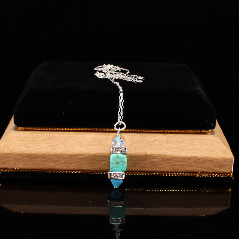 925 Sterling Silver Turquoise & Chrystal Pendant w Necklace