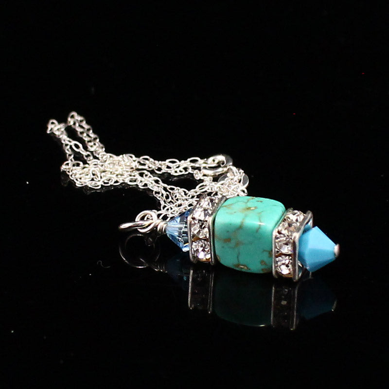 925 Sterling Silver Turquoise & Chrystal Pendant w Necklace