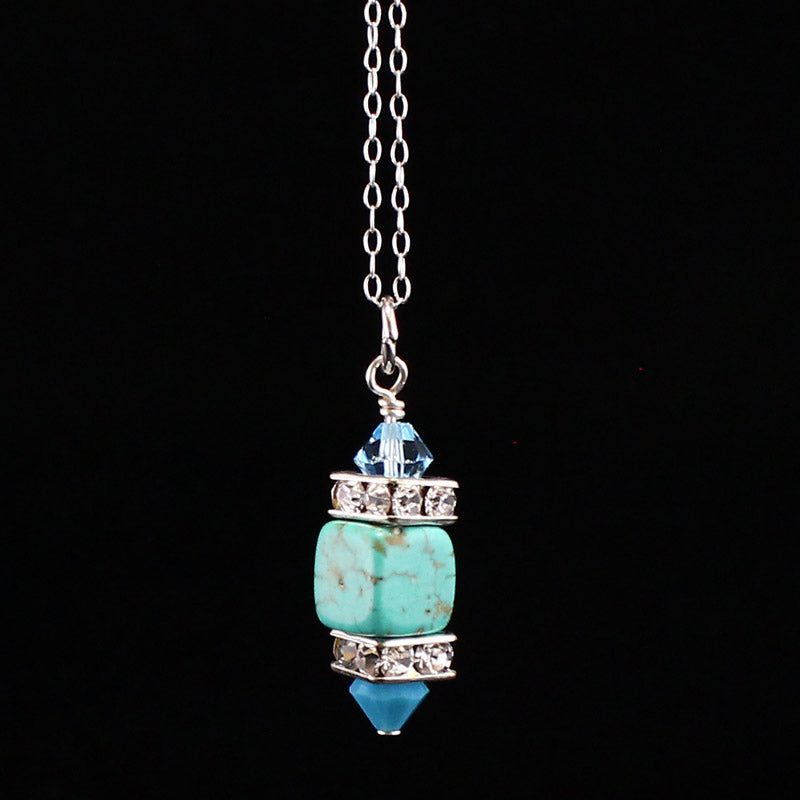 925 Sterling Silver Turquoise & Chrystal Pendant w Necklace