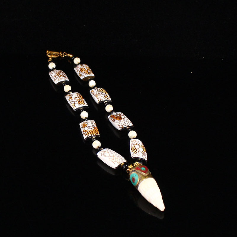 Genuine & Natural Conus imperialis Shell, black agate Necklace w Turquoise decorated pendant & 24k gilt-gold Clasp