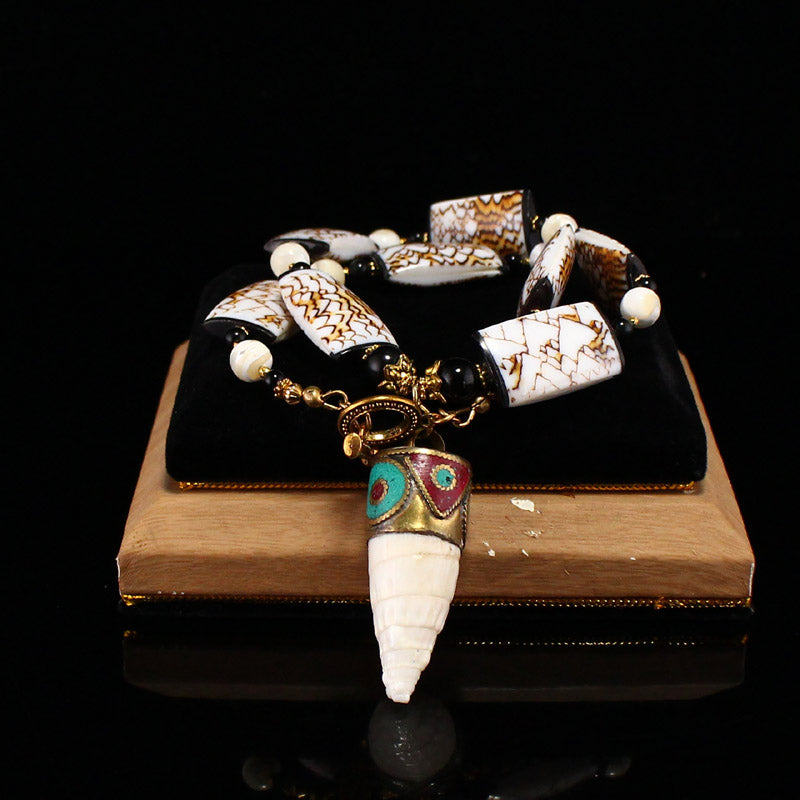 Genuine & Natural Conus imperialis Shell, black agate Necklace w Turquoise decorated pendant & 24k gilt-gold Clasp