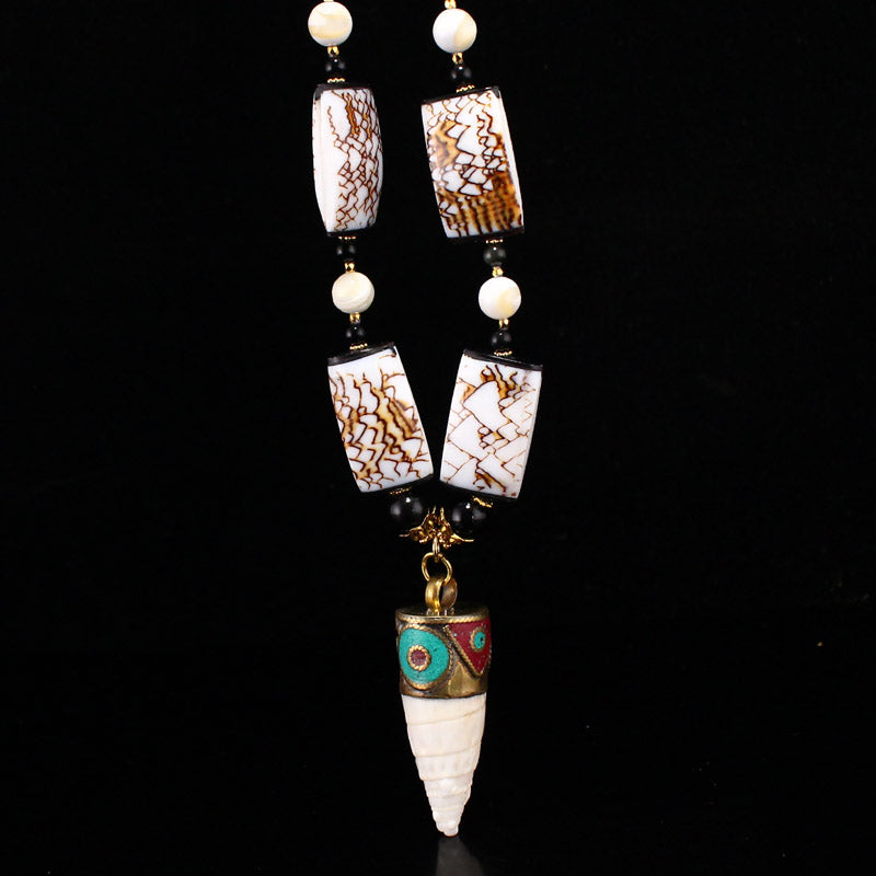 Genuine & Natural Conus imperialis Shell, black agate Necklace w Turquoise decorated pendant & 24k gilt-gold Clasp