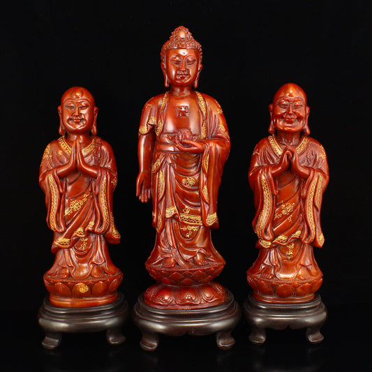 A Set Three Gilt Gold Shoushan Stone Kwan-yin & Arhat Statues