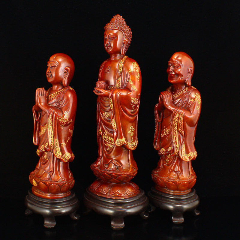 A Set Three Gilt Gold Shoushan Stone Kwan-yin & Arhat Statues