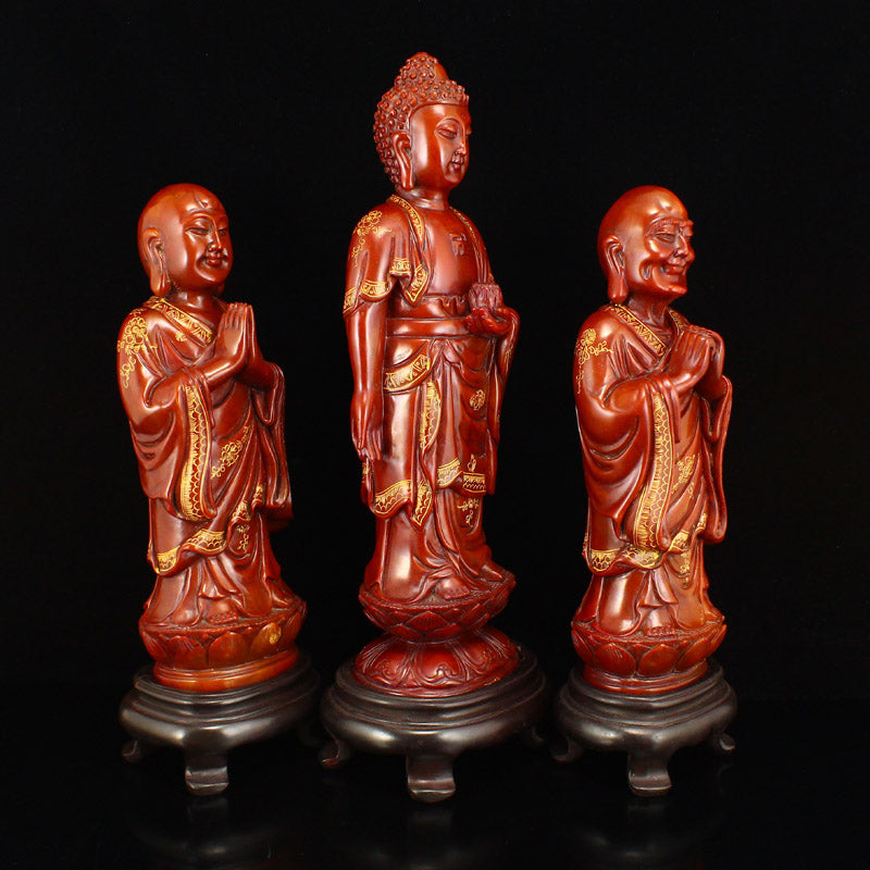 A Set Three Gilt Gold Shoushan Stone Kwan-yin & Arhat Statues