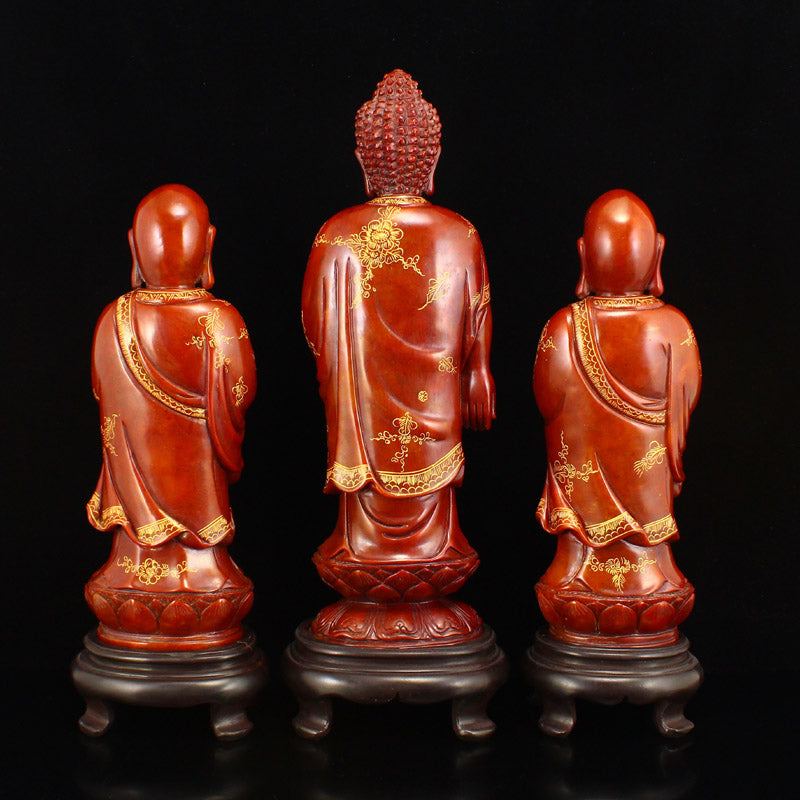 A Set Three Gilt Gold Shoushan Stone Kwan-yin & Arhat Statues