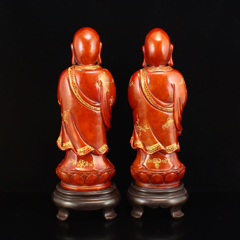 A Set Three Gilt Gold Shoushan Stone Kwan-yin & Arhat Statues