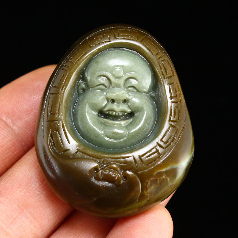 Natural Agate Carved Laughing Buddha Pendant w Certificate