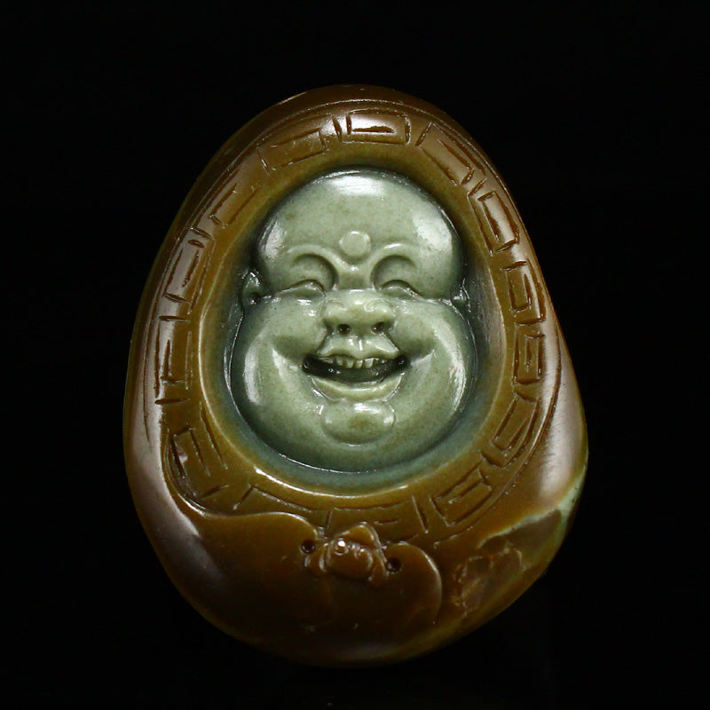 Natural Agate Carved Laughing Buddha Pendant w Certificate