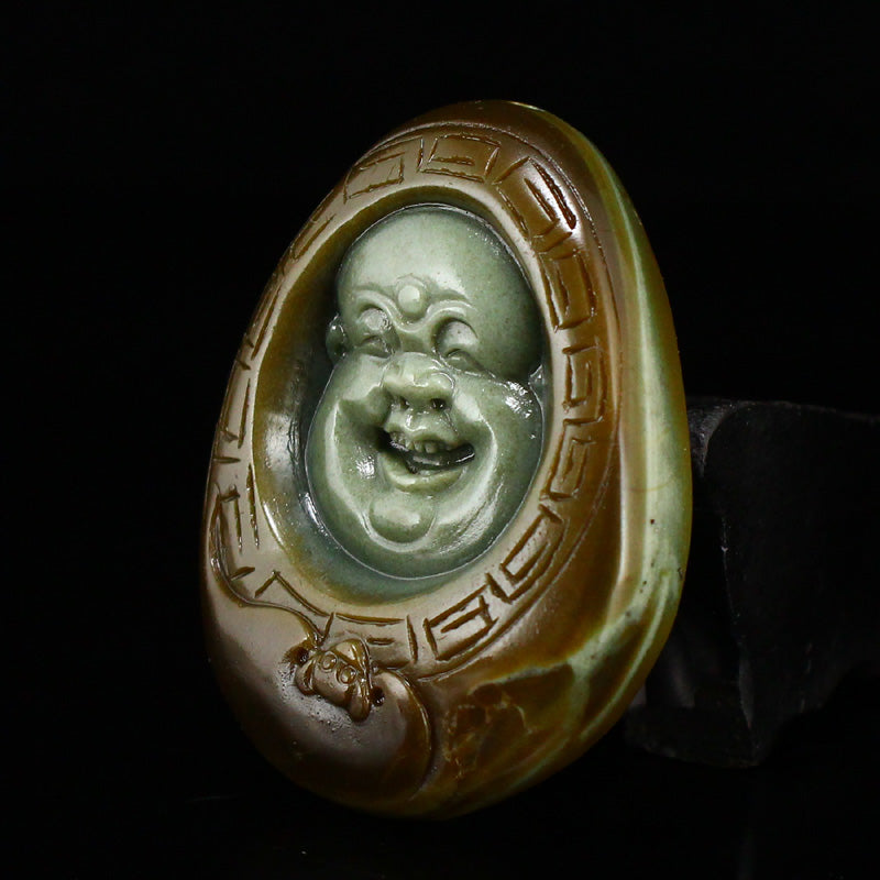 Natural Agate Carved Laughing Buddha Pendant w Certificate