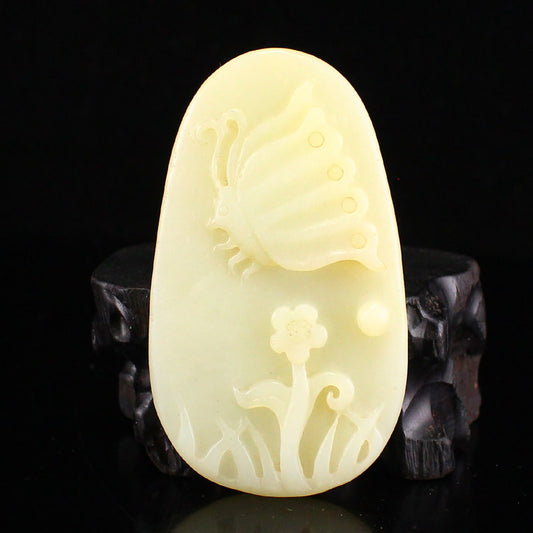 Chinese Natural Hetian Jade Flower & Butterfly Pendant