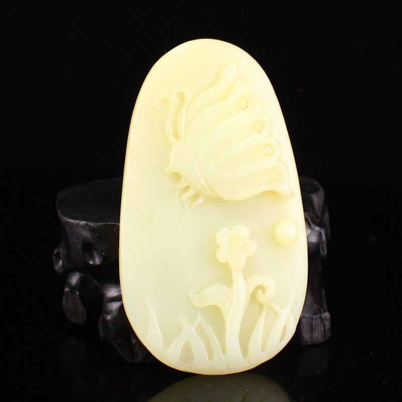 Chinese Natural Hetian Jade Flower & Butterfly Pendant